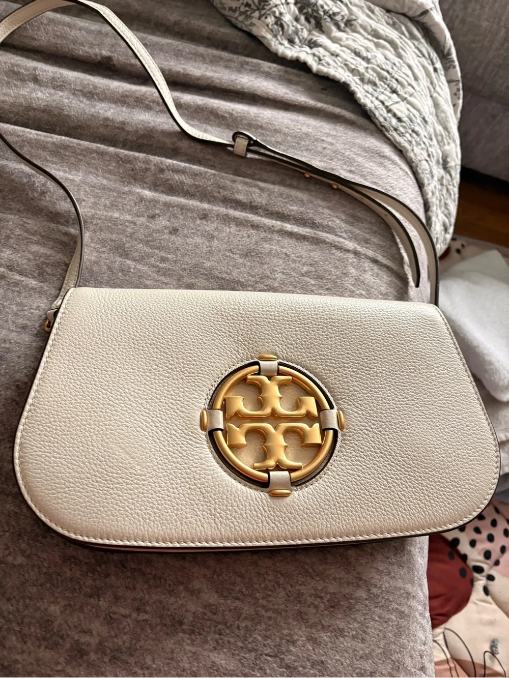 Tory Burch Cream Leather Crossbody with Gold Logo Hardware